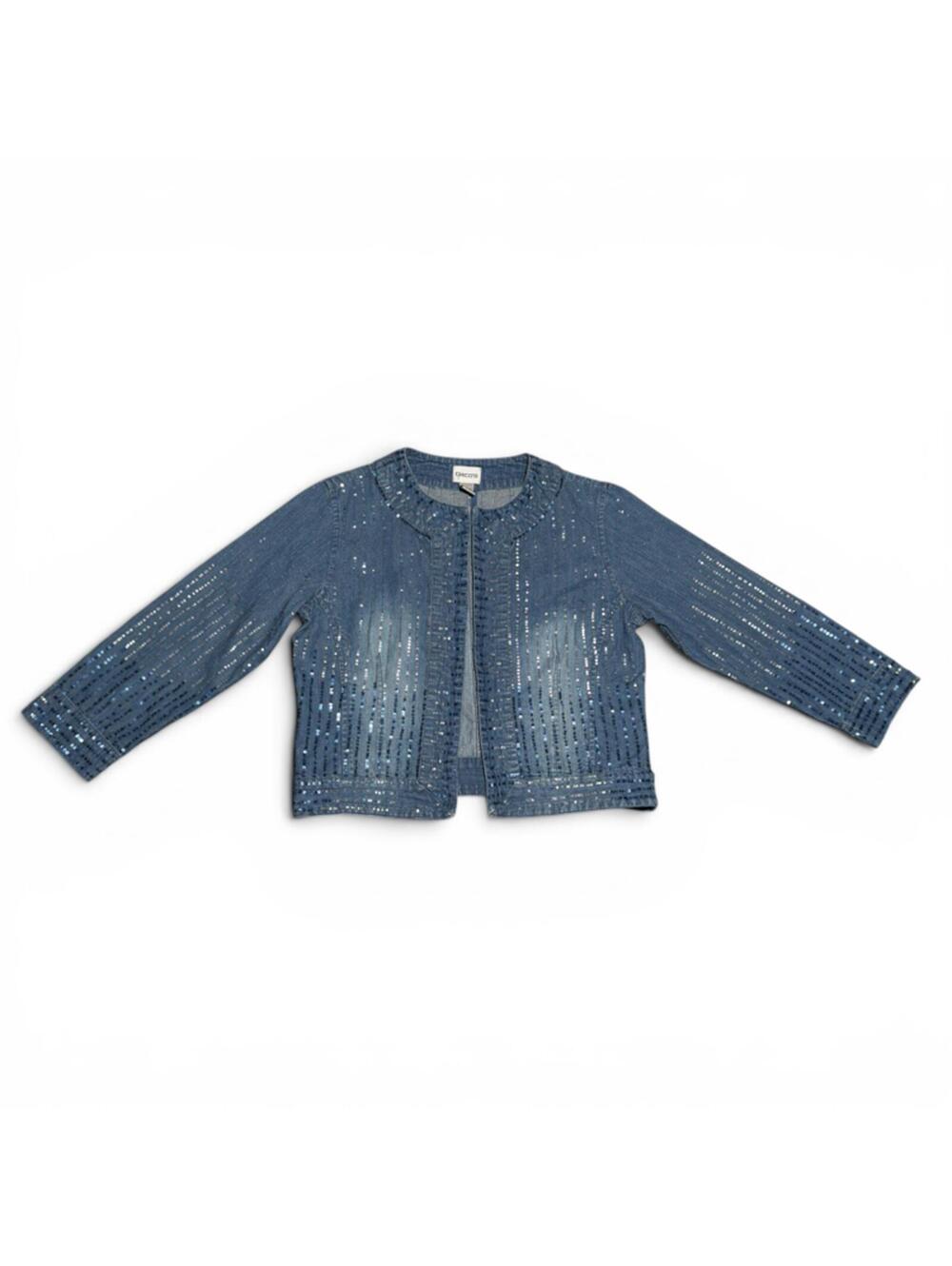 Vintage Chico's Blue Denim Sequin Open Front Jacket
